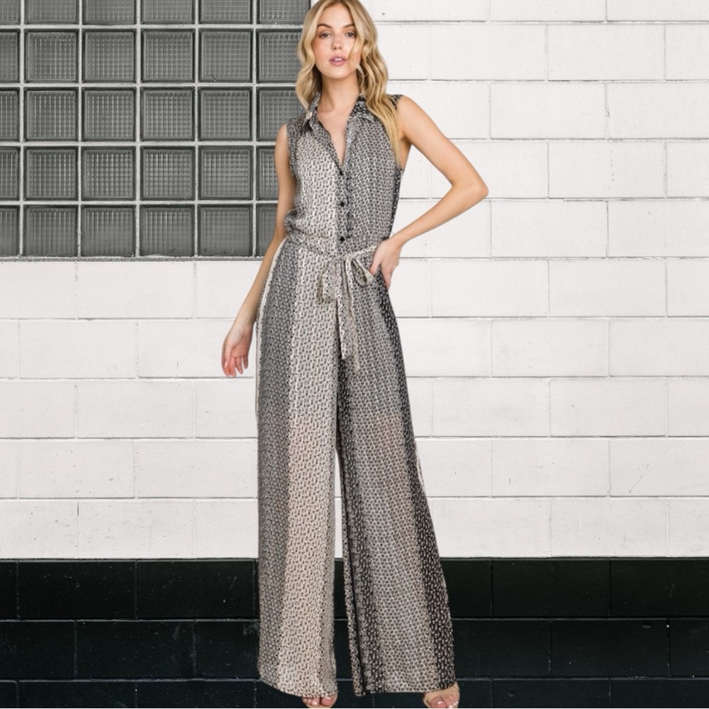 Printed Button Front Collared Sleeveless Belted J… - image 2